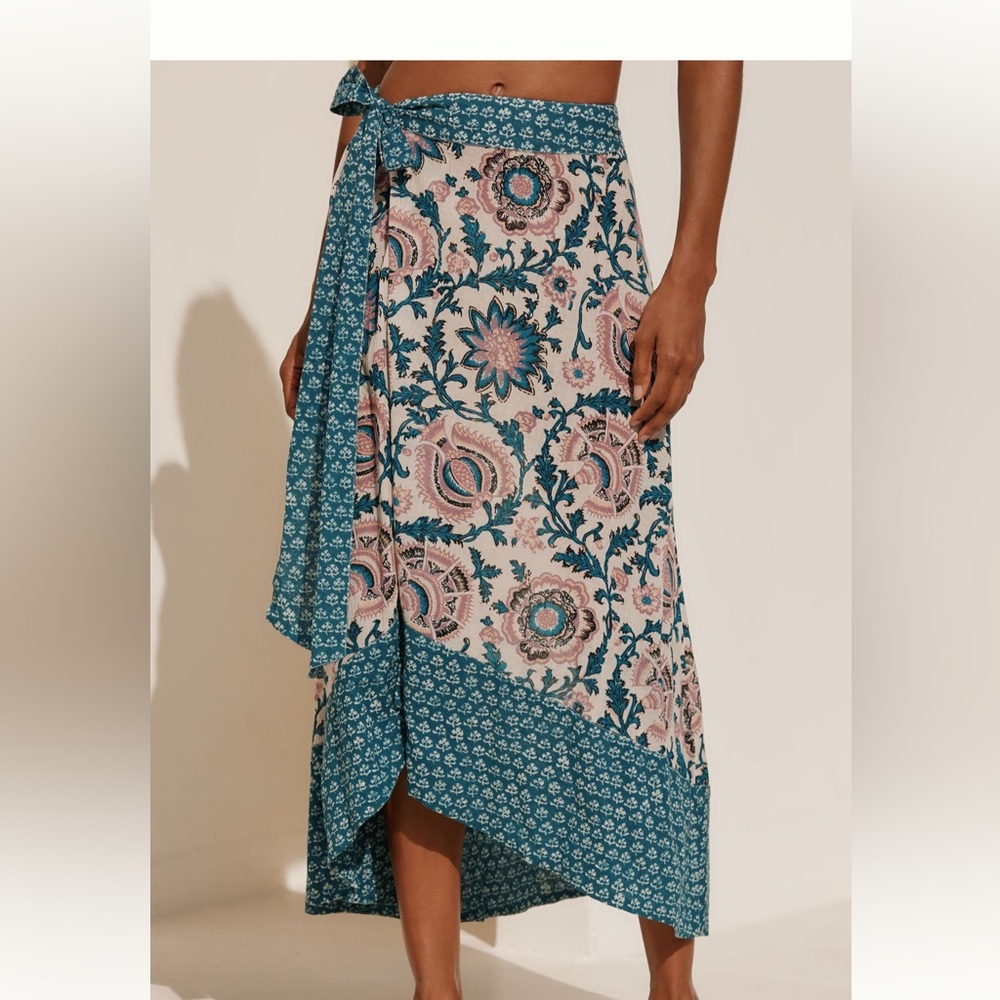 Anthropologie Blue and Pink Floral Midi Skirt